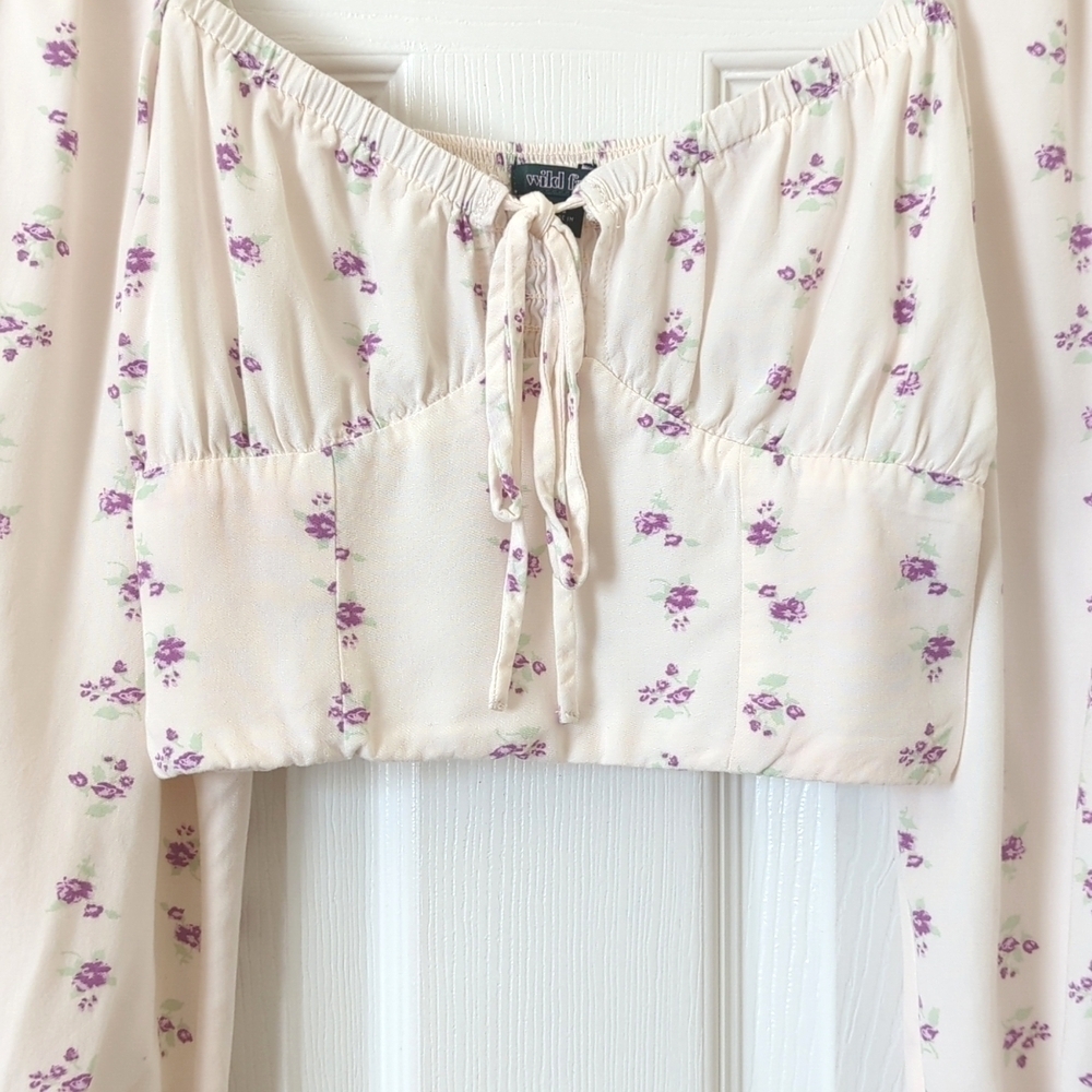 Wild Fable Boho Floral Quarter Balloon Sleeve Bustier Crop Top Cream Purple XS - Picture 7 of 11